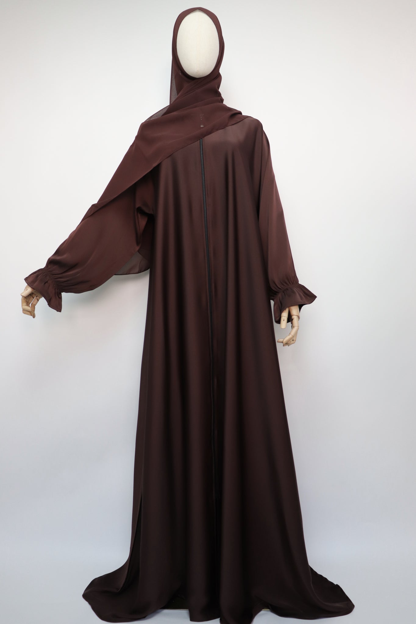 Full Zip Semi Flare Crinkle Abaya - Choco