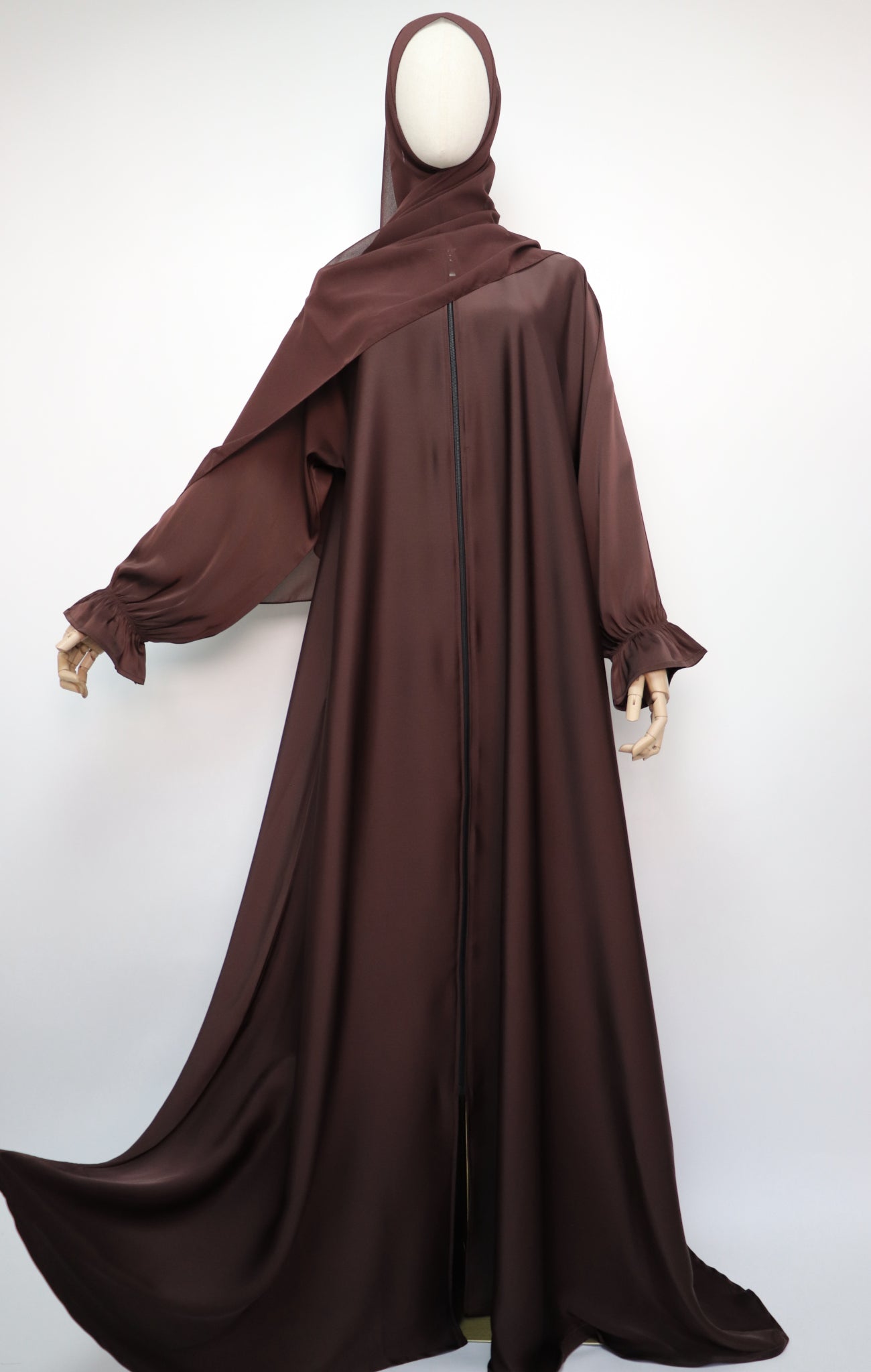 Full Zip Semi Flare Crinkle Abaya - Choco
