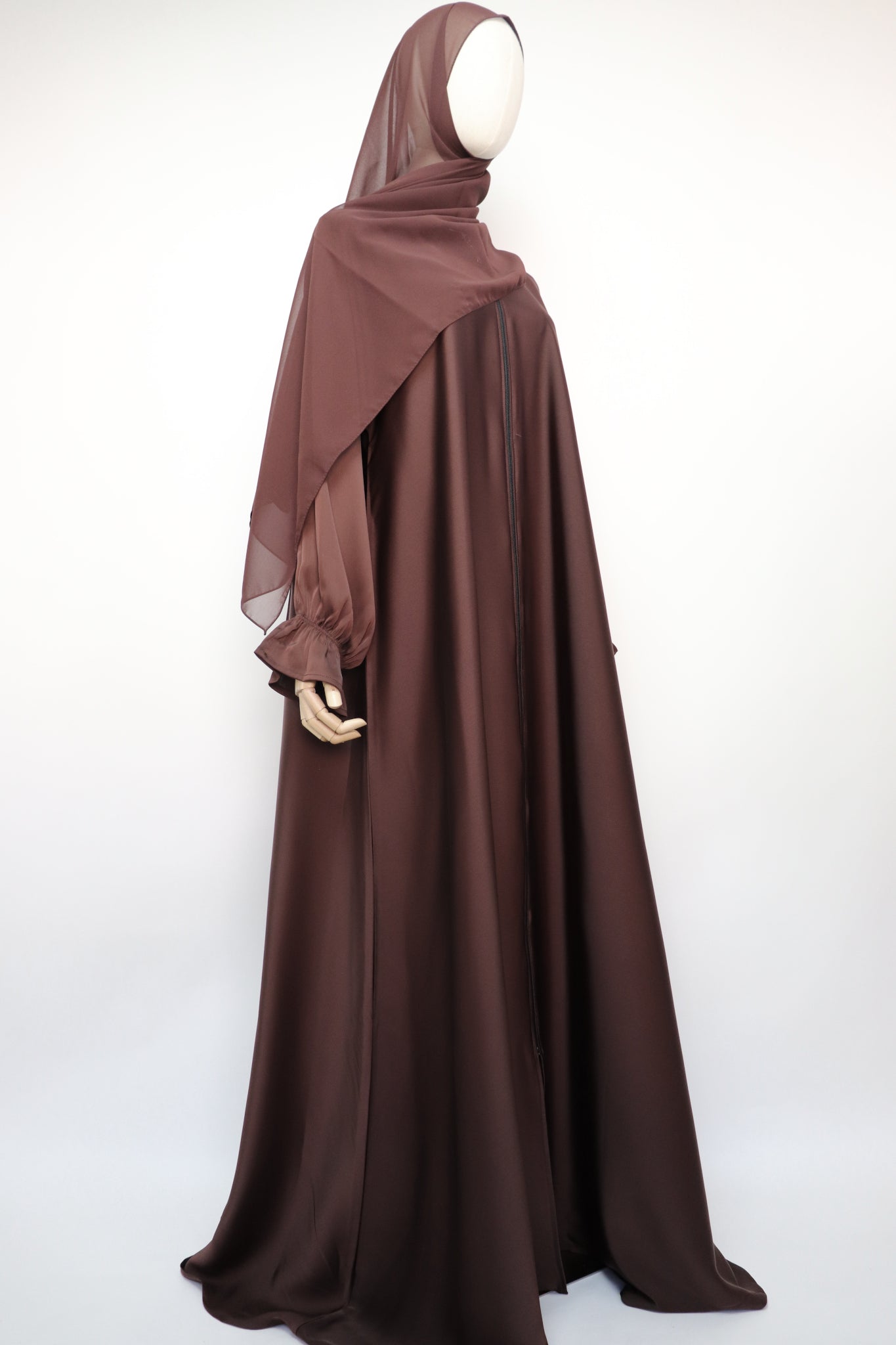 Full Zip Semi Flare Crinkle Abaya - Choco