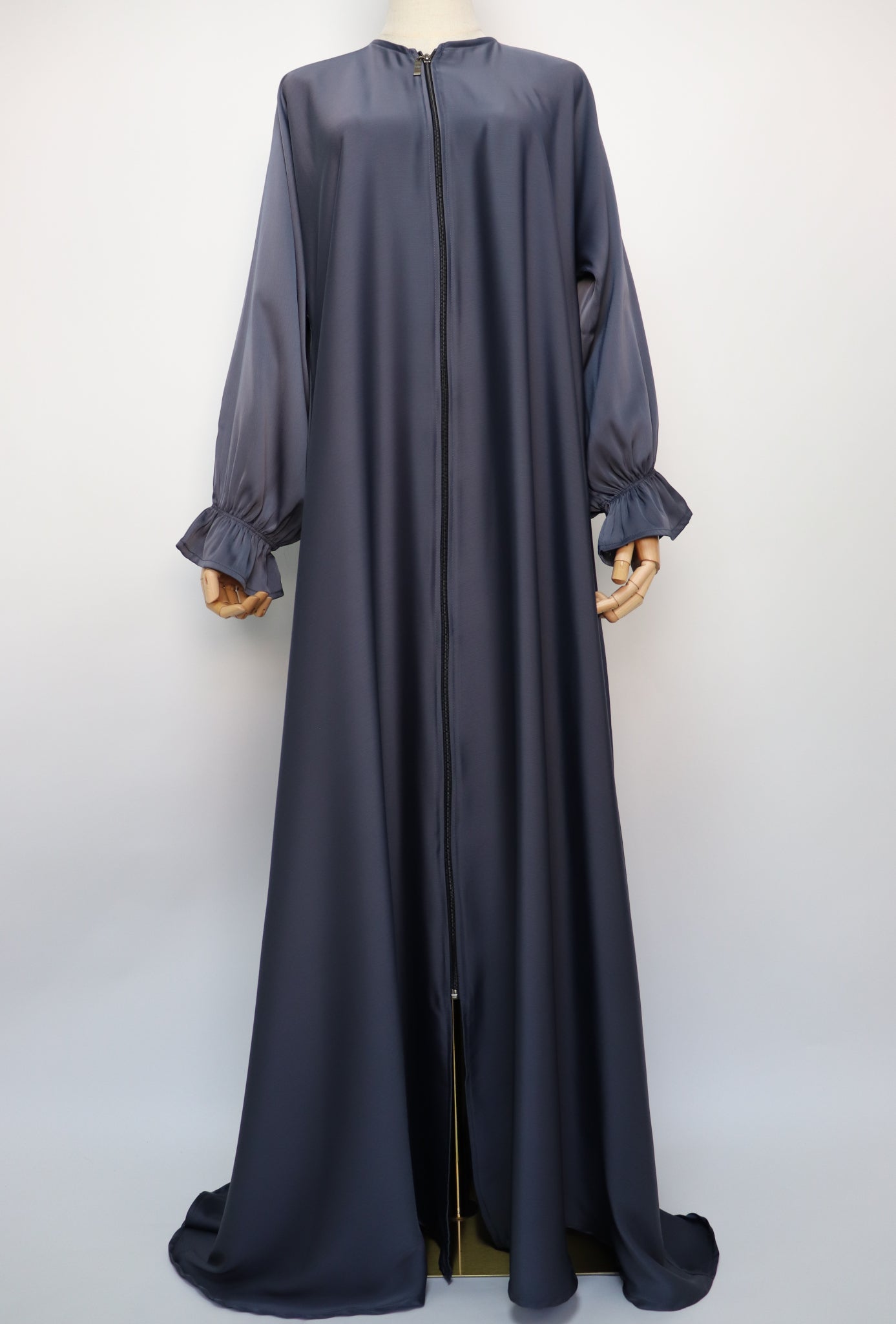 Full Zip Semi Flare Crinkle Abaya - Bluish Gray