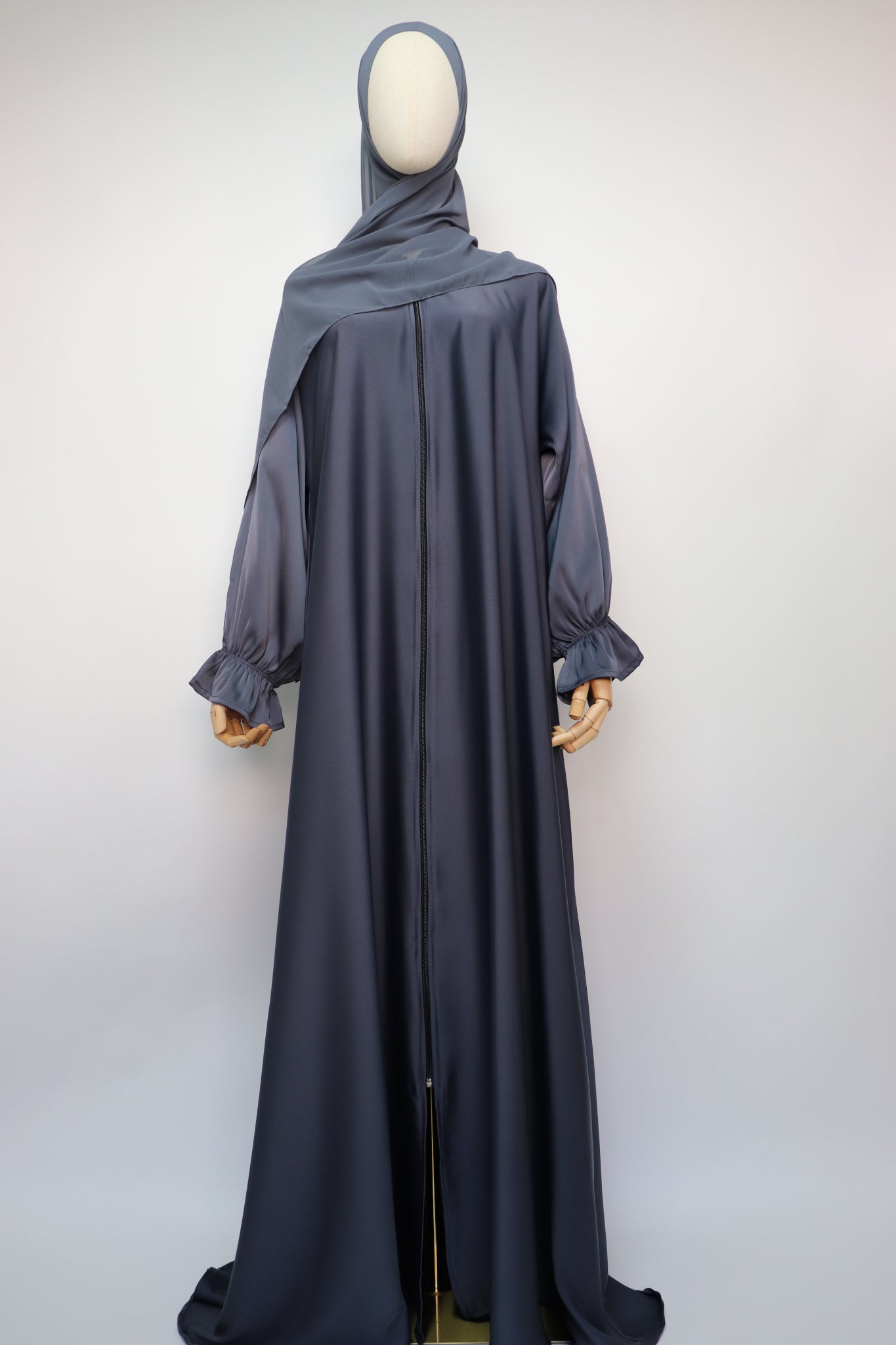 Full Zip Semi Flare Crinkle Abaya - Bluish Gray