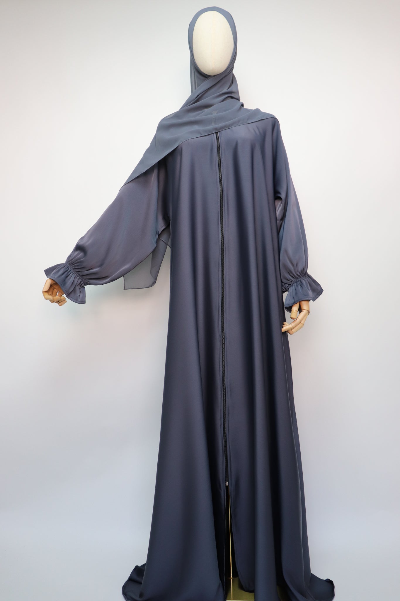 Full Zip Semi Flare Crinkle Abaya - Bluish Gray