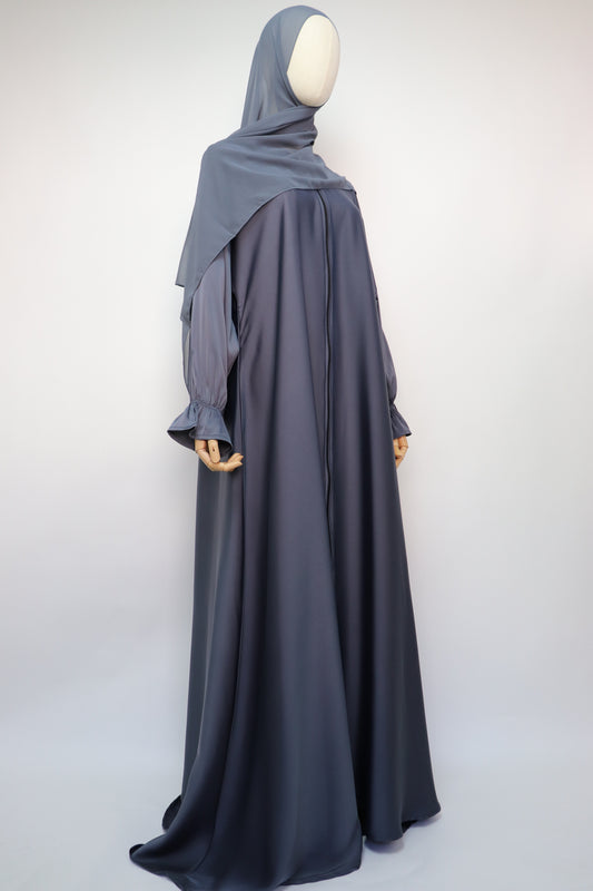 Full Zip Semi Flare Crinkle Abaya - Bluish Gray