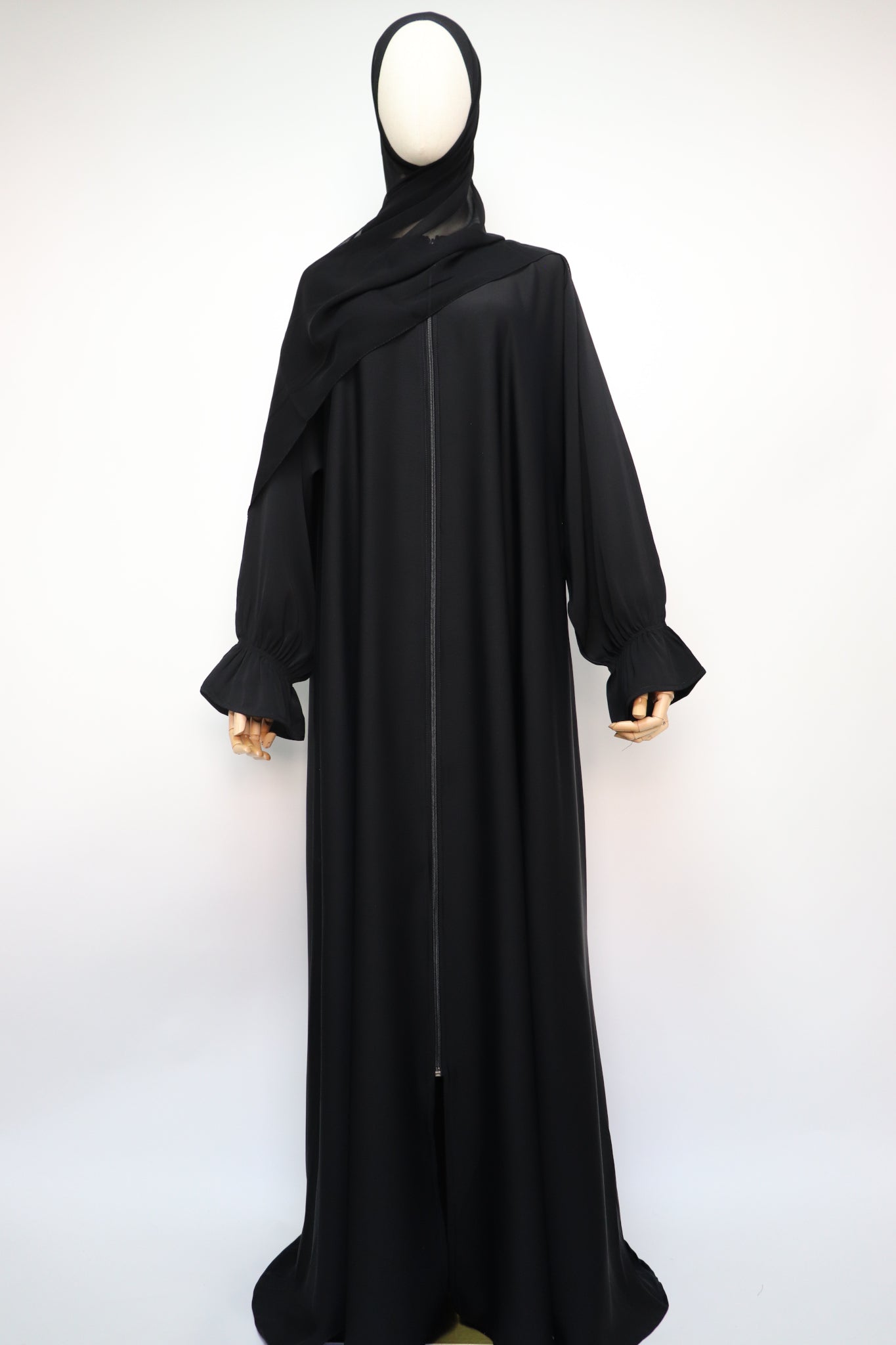 Full Zip Semi Flare Crinkle Abaya - Black