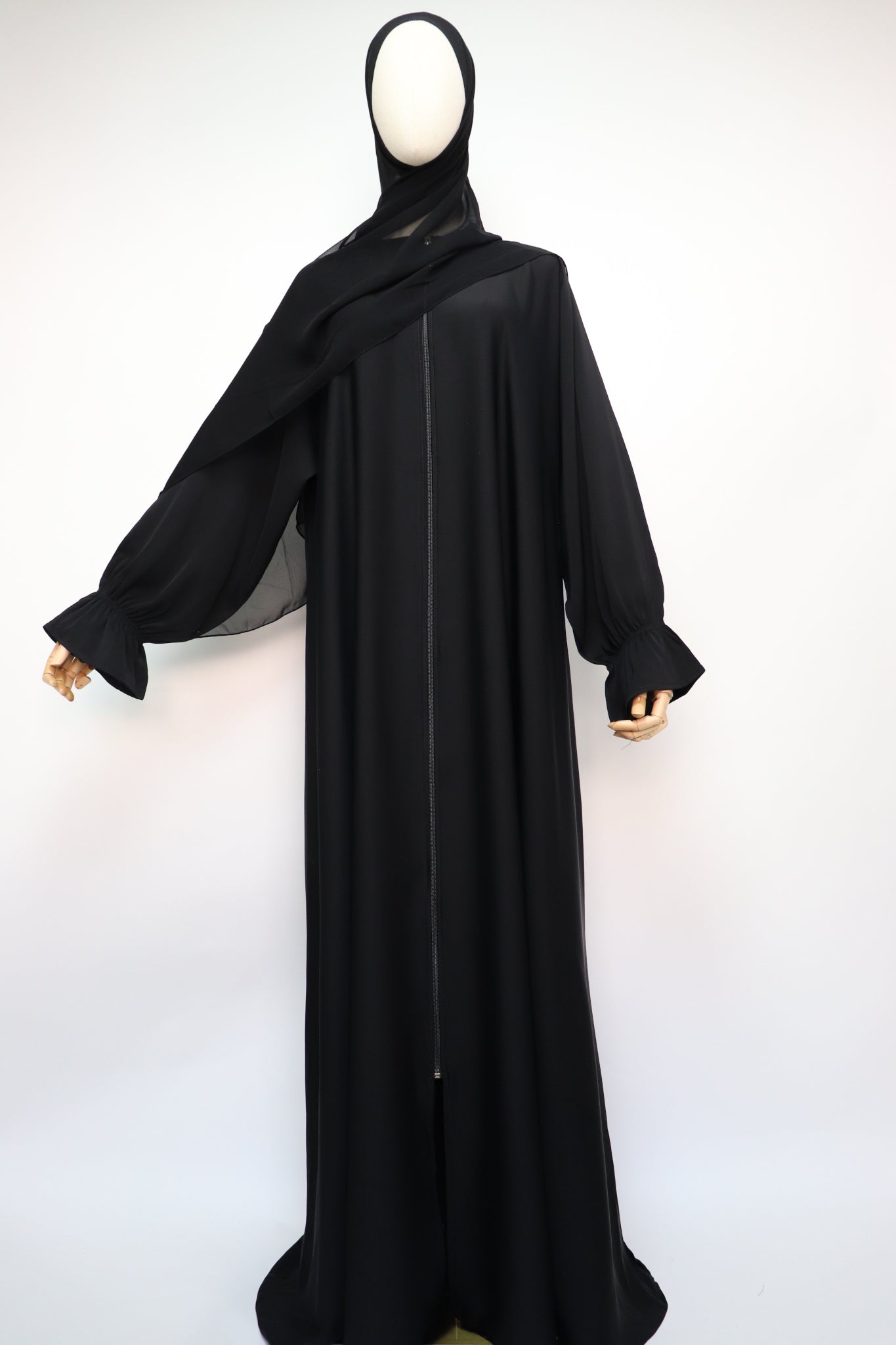 Full Zip Semi Flare Crinkle Abaya - Black