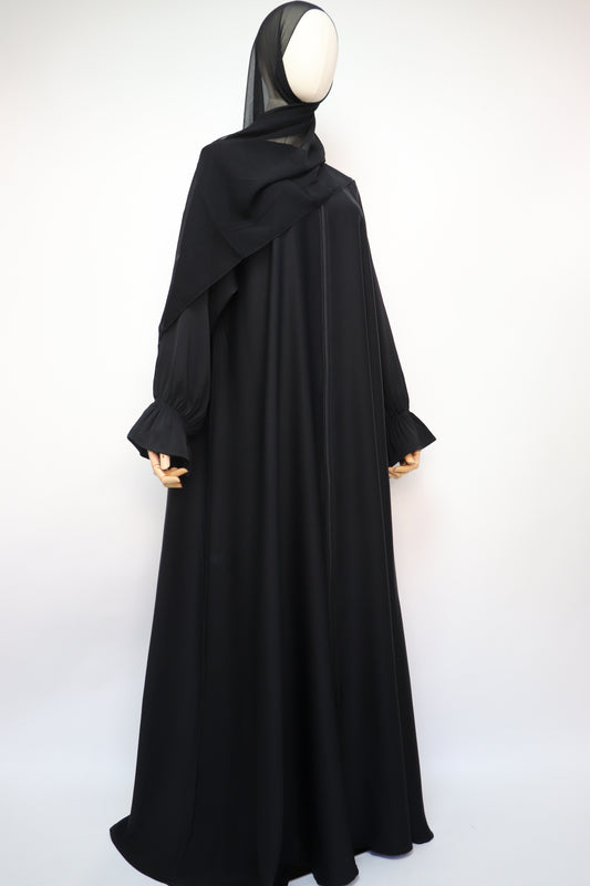 Full Zip Semi Flare Crinkle Abaya - Black