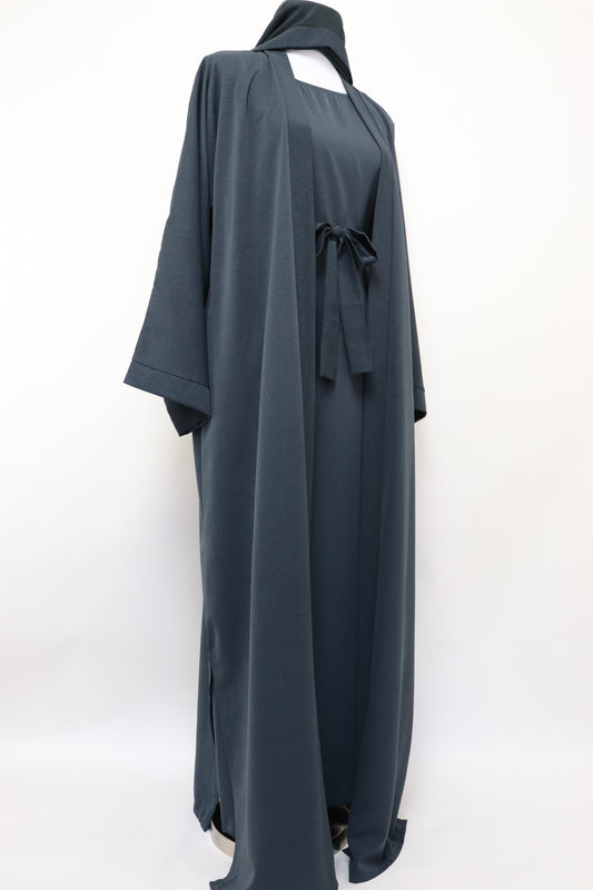 3 Piece Set Marble Open Kimono Abaya - Charcoal