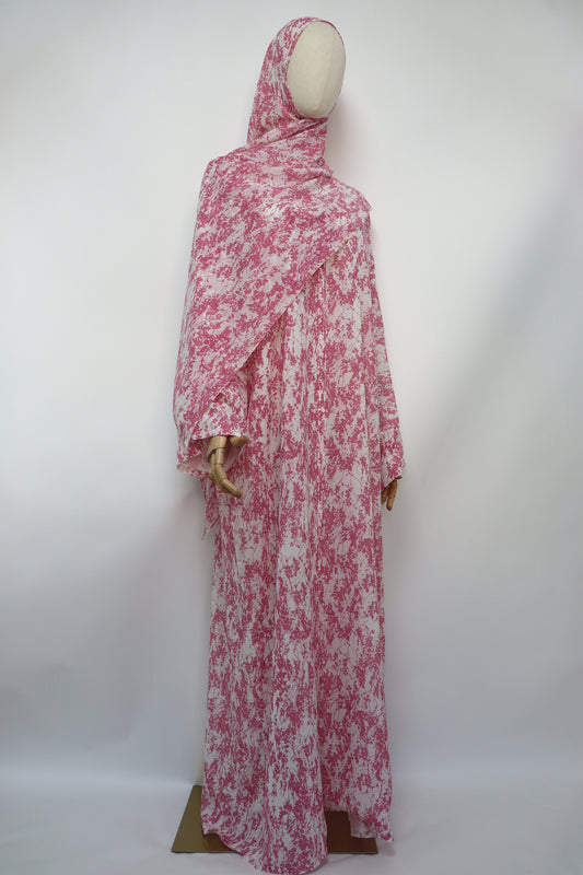 Floral Print Chiffon Open Abaya - Pink / White