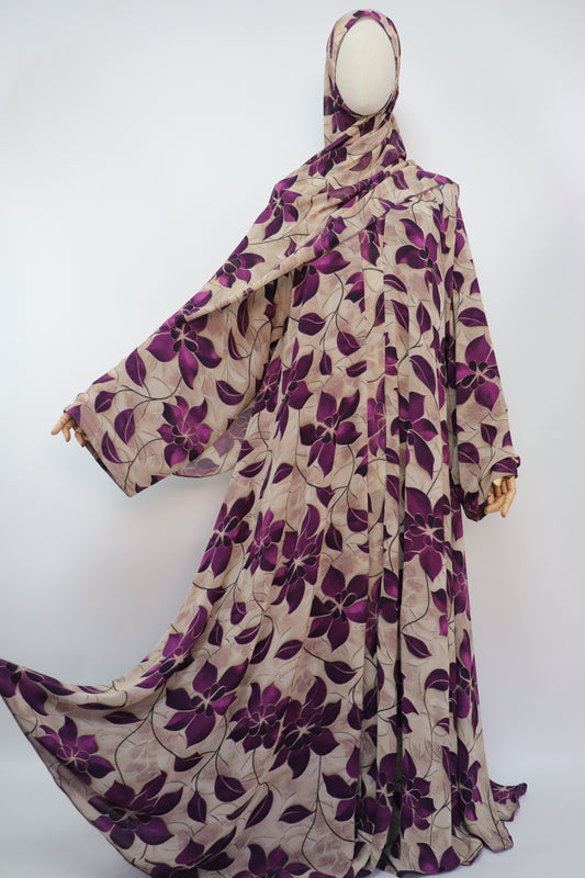 Floral Print Chiffon Open Flare Umbrella Abaya - Multi-purple