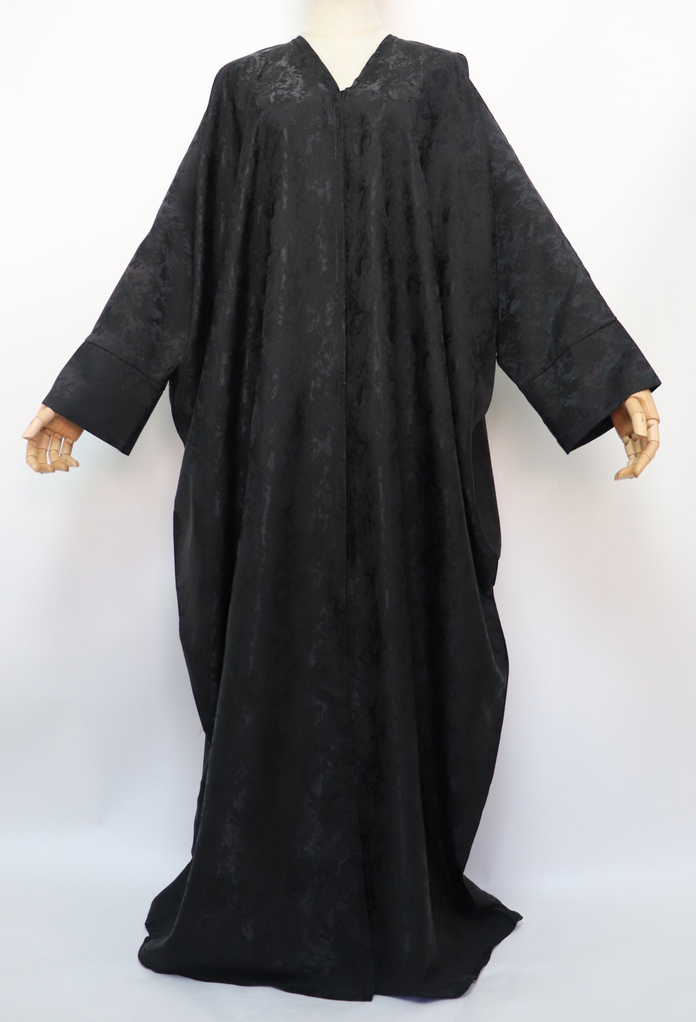 Open Bisht Batwing Satin Jacquard Abaya - Black