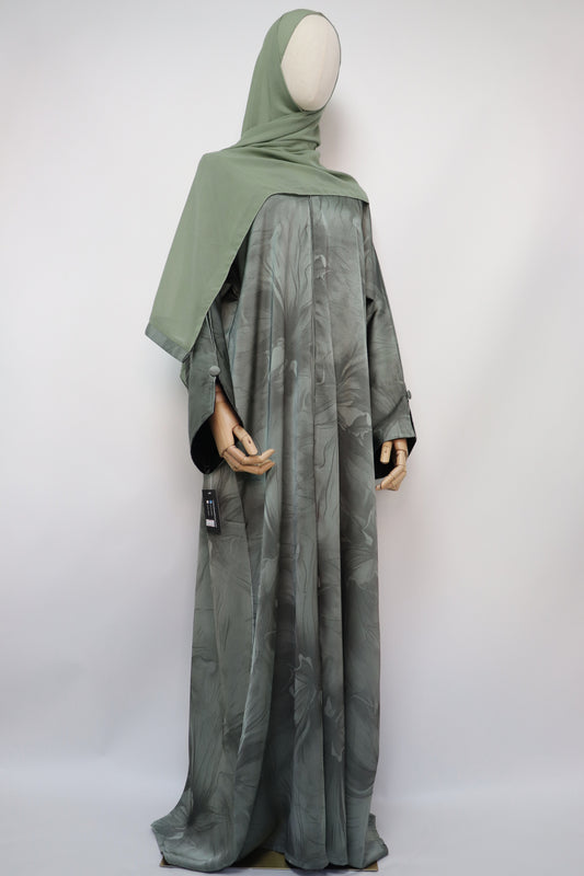 Open Slit Cuffs Print Jacquard Abaya - Light Sage