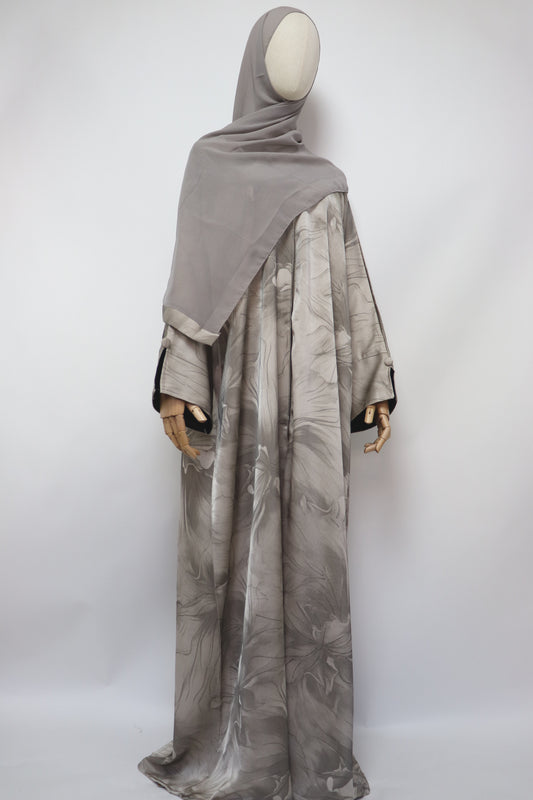 Open Slit Cuffs Print Jacquard Abaya - Almond