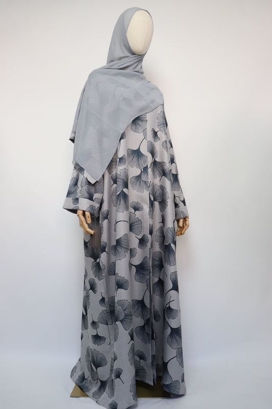 Linen Print Open Collar Abaya - Light Gray