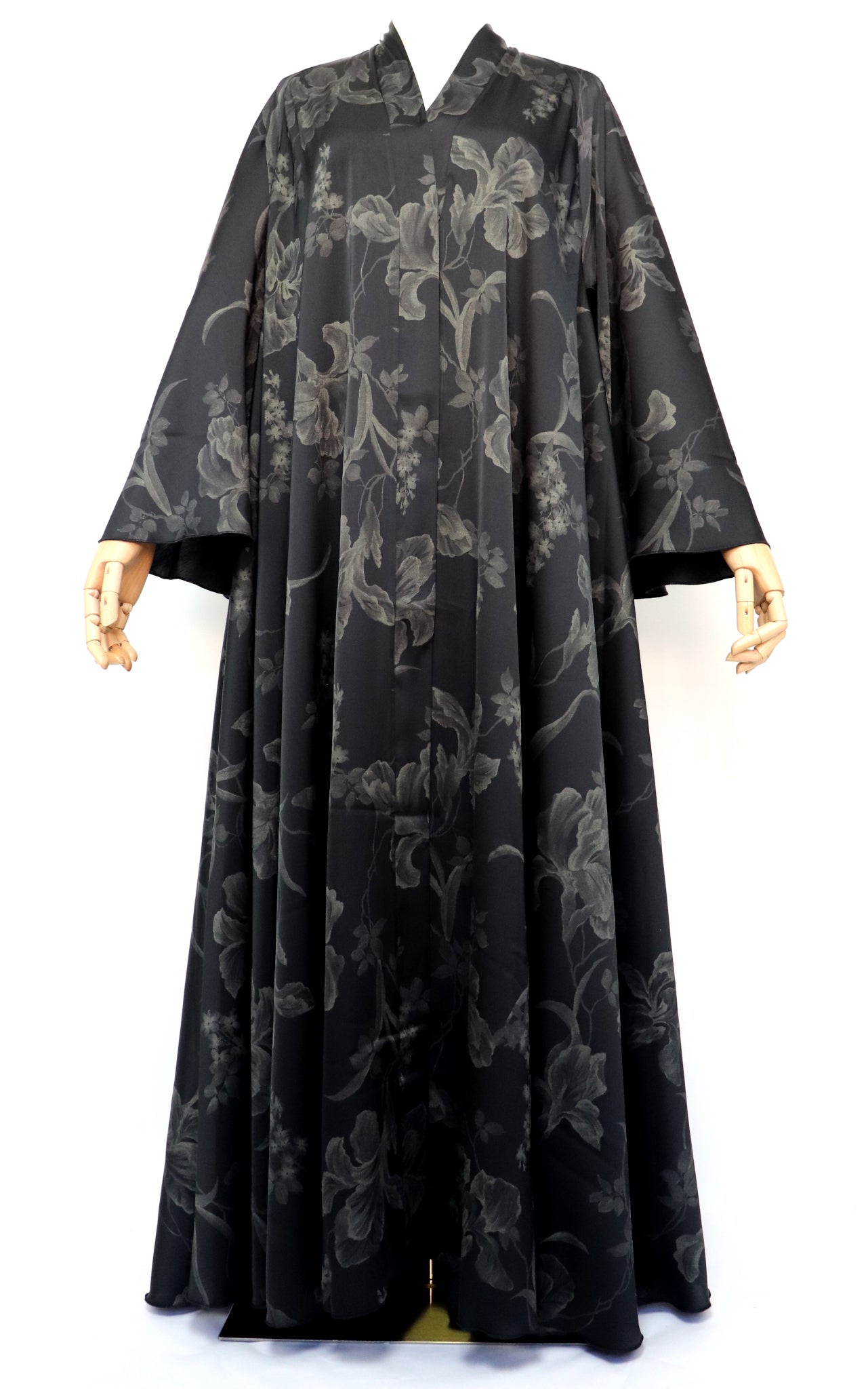 Open Flare Floral Foiled Umbrella Abaya - Black Green