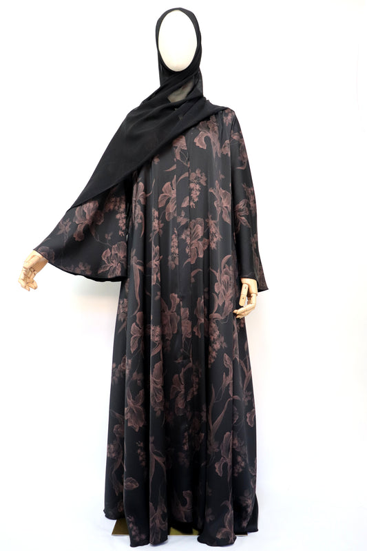 Open Flare Floral Foiled Umbrella Abaya - Black Rose Gold