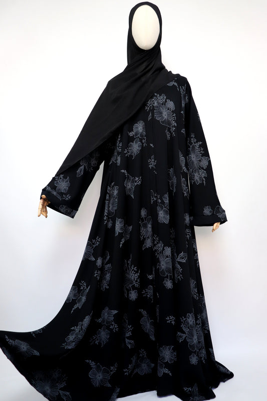Open Flare Floral Print Crinkle Umbrella Abaya - Black Gray