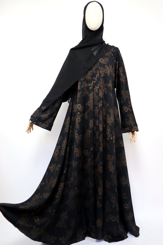 Open Flare Floral Foiled Crinkle Umbrella Abaya - Black Gold