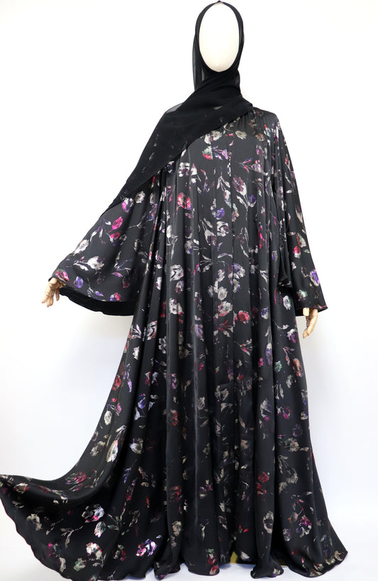 Open Flare Floral Satin Foiled Umbrella Abaya - Iridescent Black