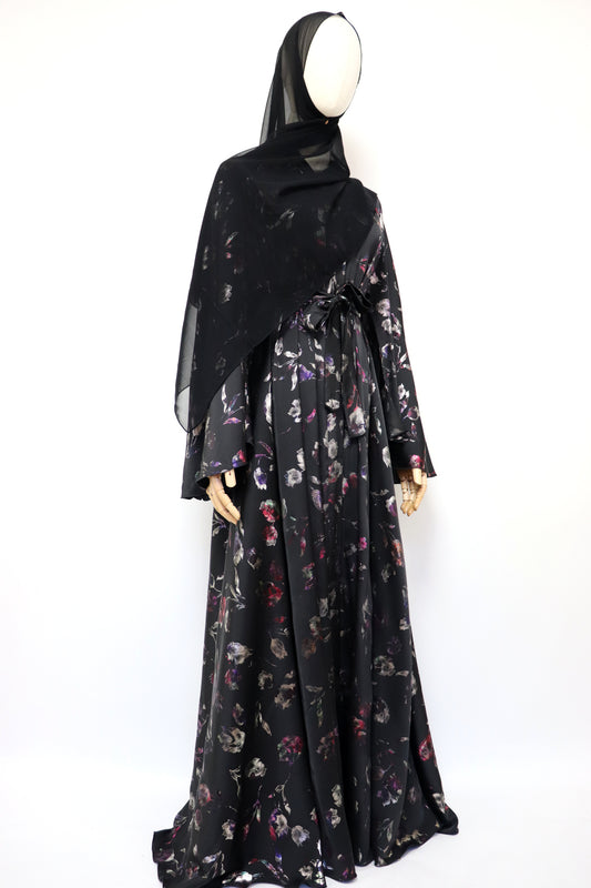 Open Flare Floral Satin Foiled Umbrella Abaya - Iridescent Black