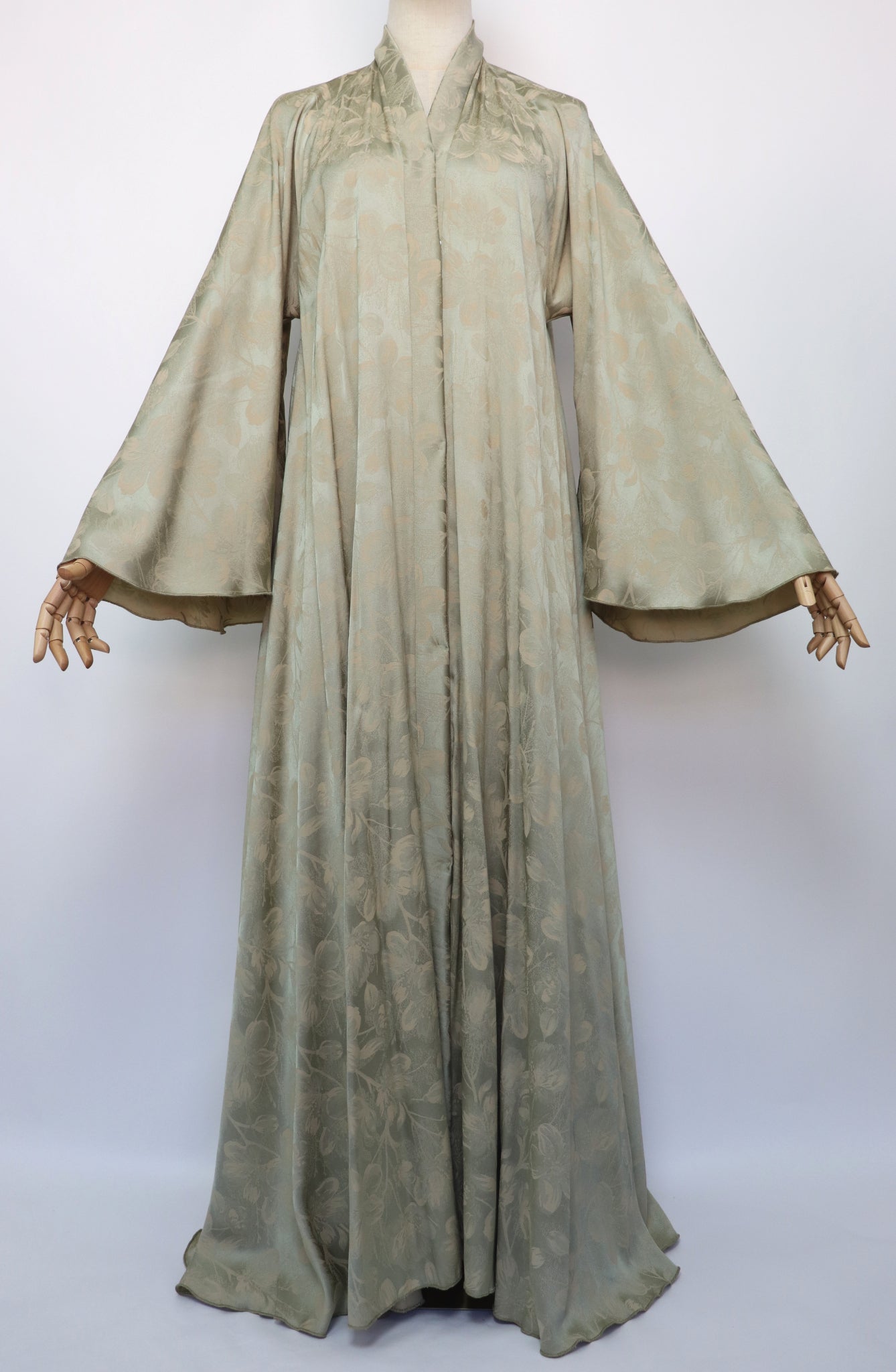 Open Floral Jacquard Flare Umbrella Abaya - Pale Gold