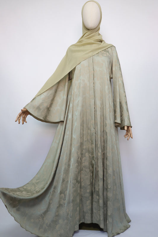 Open Floral Jacquard Flare Umbrella Abaya - Pale Gold