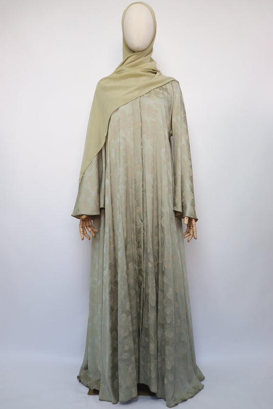 Open Floral Jacquard Flare Umbrella Abaya - Pale Gold