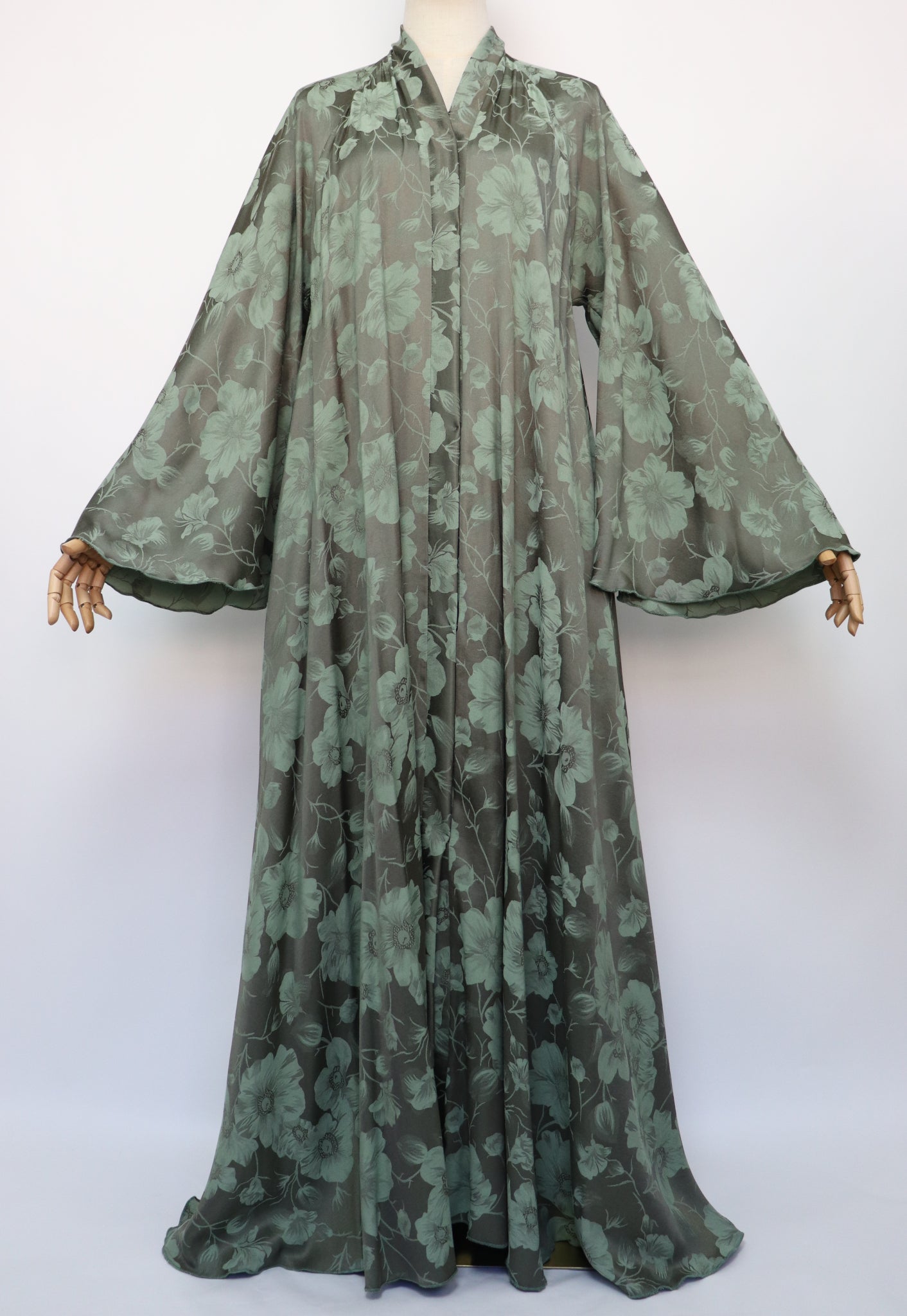 Open Floral Jacquard Flare Umbrella Abaya - Mossy Sage