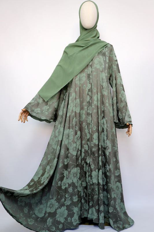 Open Floral Jacquard Flare Umbrella Abaya - Mossy Sage
