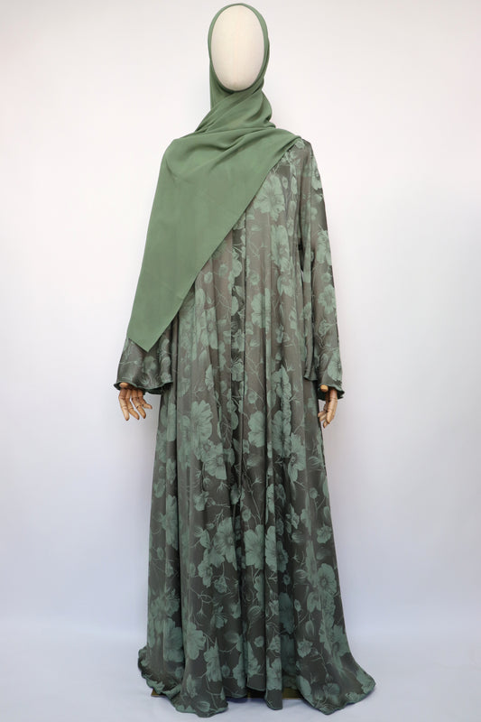 Open Floral Jacquard Flare Umbrella Abaya - Mossy Sage