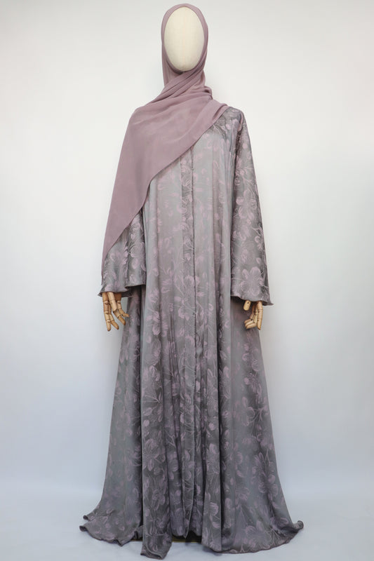 Open Floral Jacquard Flare Umbrella Abaya - Mauve Pink