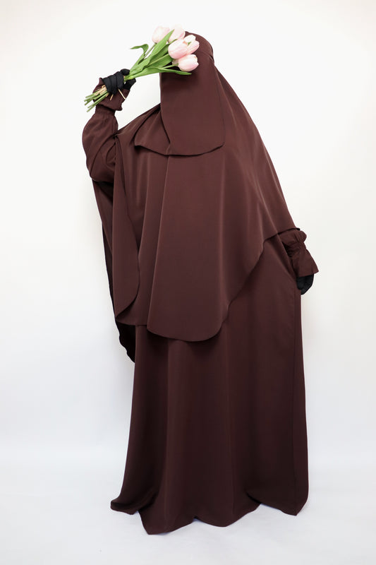 3 Piece Abaya Khimar and Niqab Set - Choco Brown