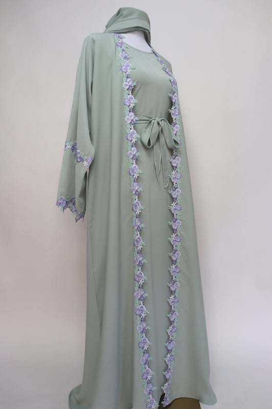 3 Piece Set Floral Embroidery Lace Trim Abaya - Light Sage / Lavender