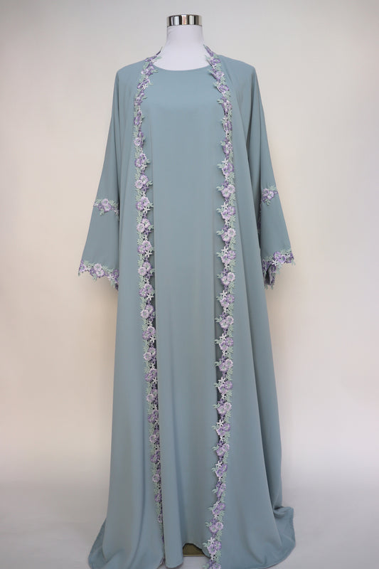 3 Piece Set Floral Embroidery Lace Trim Abaya - Misty Blue / Lavender