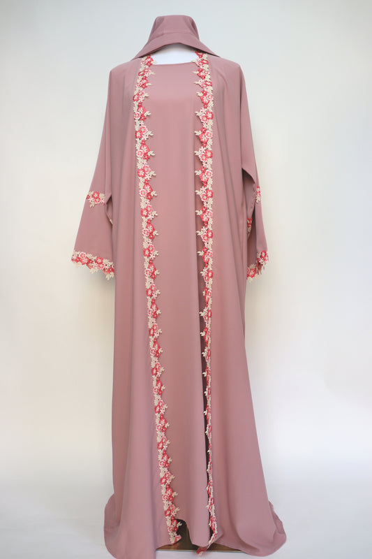 3 Piece Set Floral Embroidery Lace Trim Abaya - Blush Pink