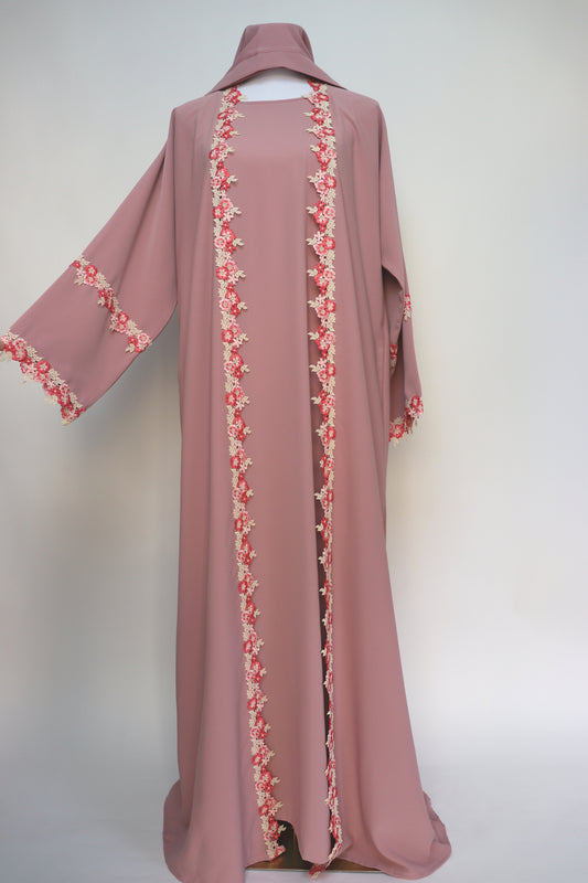 3 Piece Set Floral Embroidery Lace Trim Abaya - Blush Pink