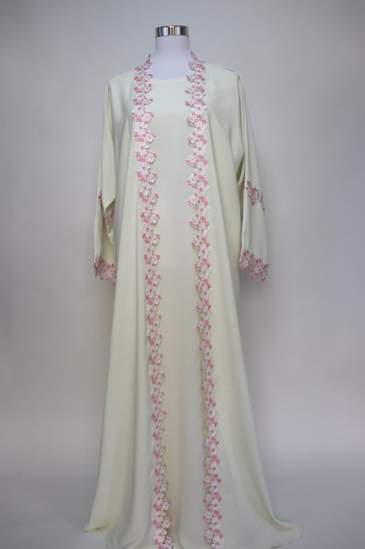 3 Piece Set Floral Embroidery Lace Trim Abaya - Cream / Pink
