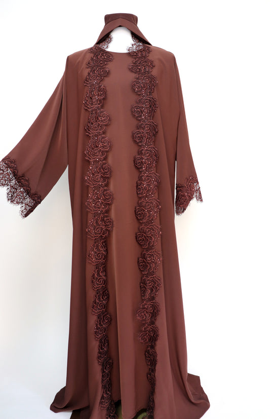 3 Piece Set Floral Lace Trim Abaya - Choco Brown