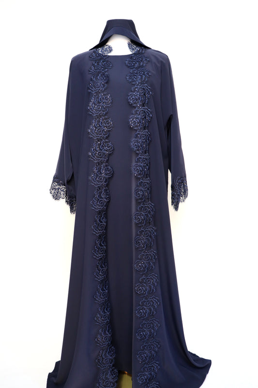 3 Piece Set Floral Lace Trim Abaya - Navy