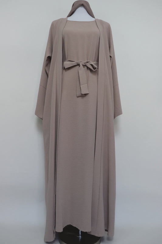 3 Piece Set Open Kimono Abaya - Oatmeal