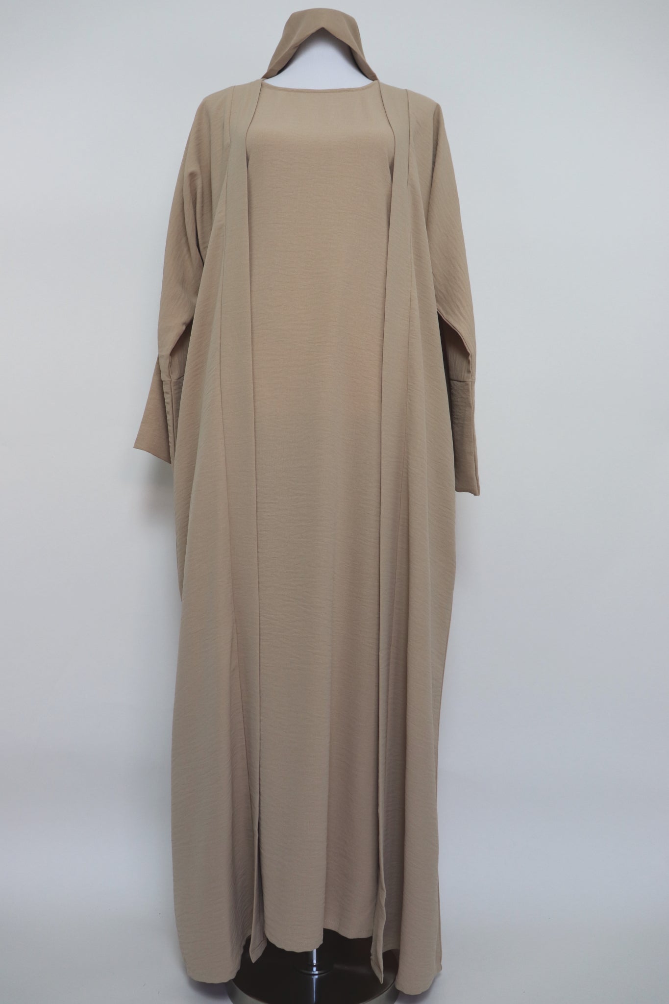 3 Piece Set Open Kimono Abaya - Buff
