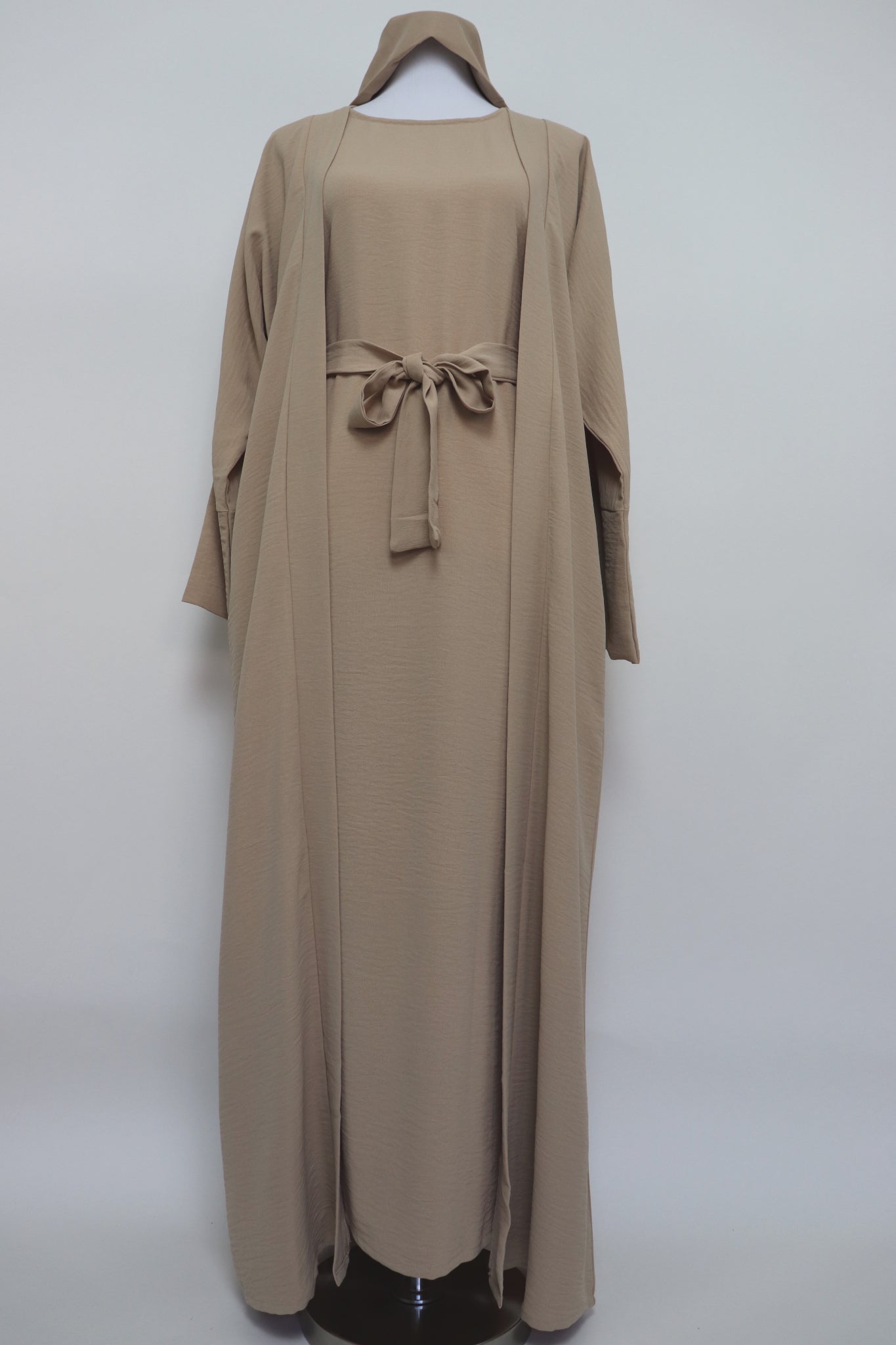 3 Piece Set Open Kimono Abaya - Buff