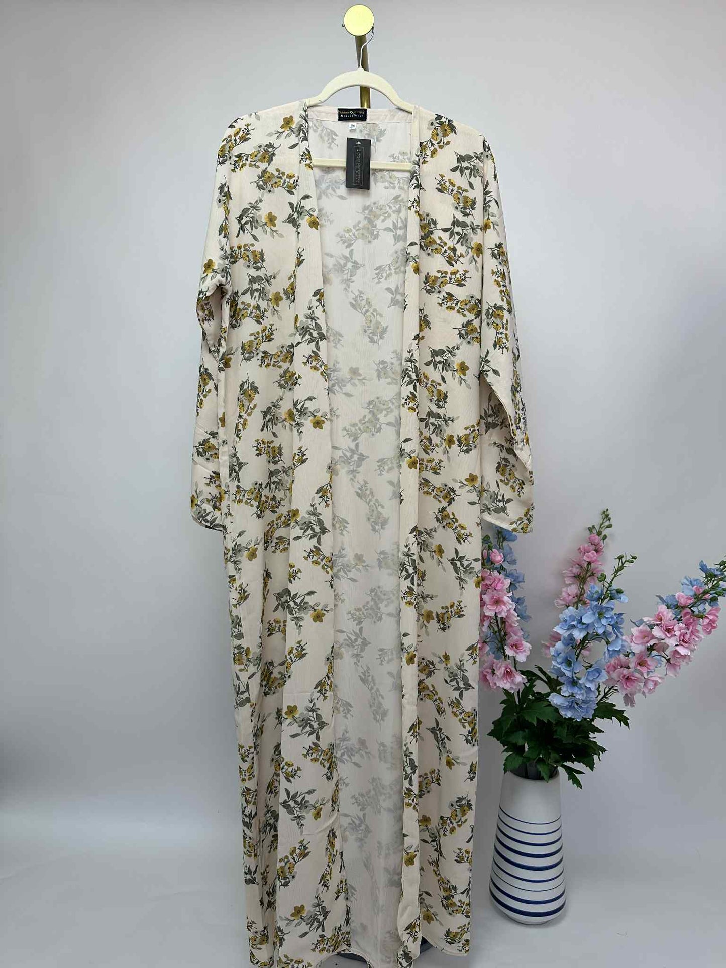 Floral Print Chiffon Open Abaya - Creamy Mustard