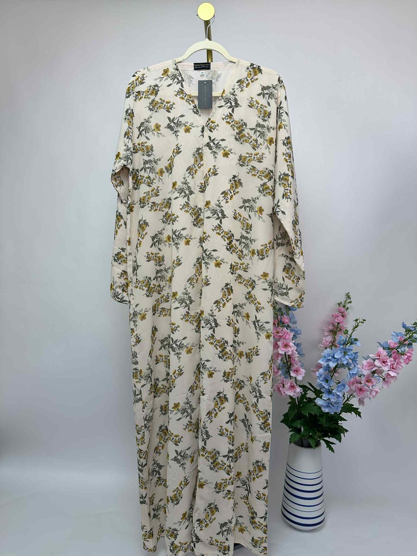 Floral Print Chiffon Open Abaya - Creamy Mustard