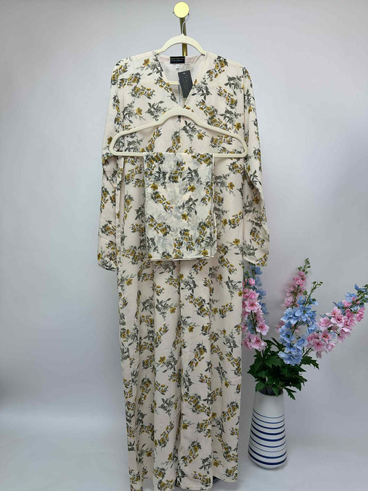 Floral Print Chiffon Open Abaya - Creamy Mustard