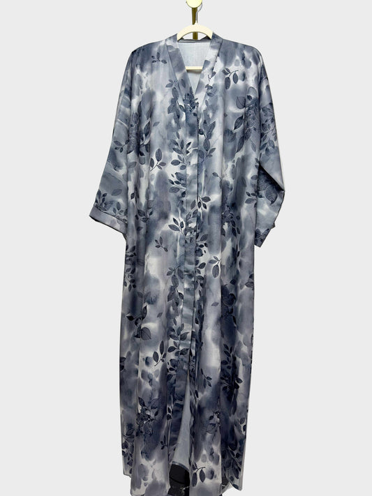 Linen Print Open Abaya - Gray