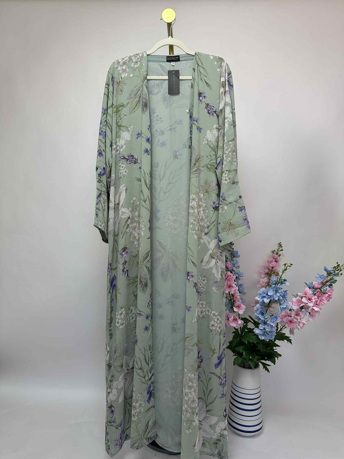 Floral Print Chiffon Open Abaya - Light Sage / Lavender