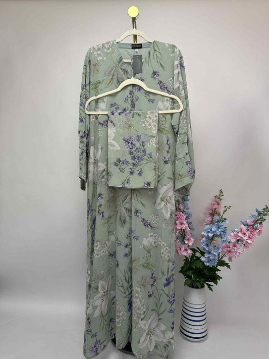 Floral Print Chiffon Open Abaya - Light Sage / Lavender