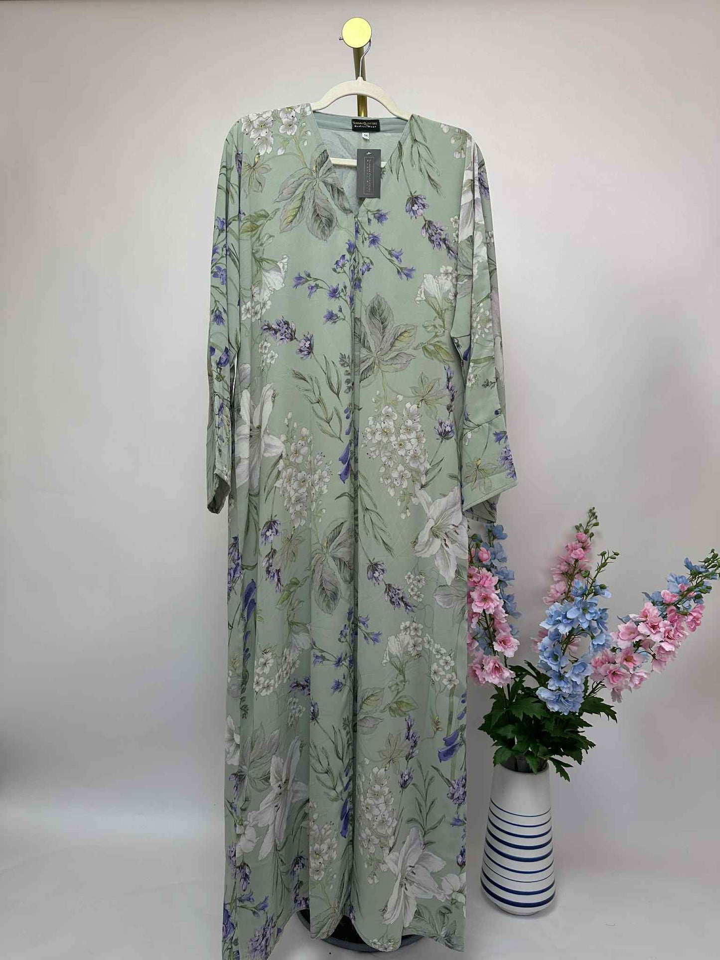 Floral Print Chiffon Open Abaya - Light Sage / Lavender
