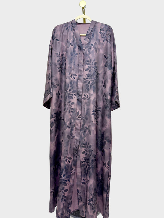 Linen Print Open Abaya - Plum