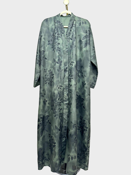 Linen Print Open Abaya - Olive